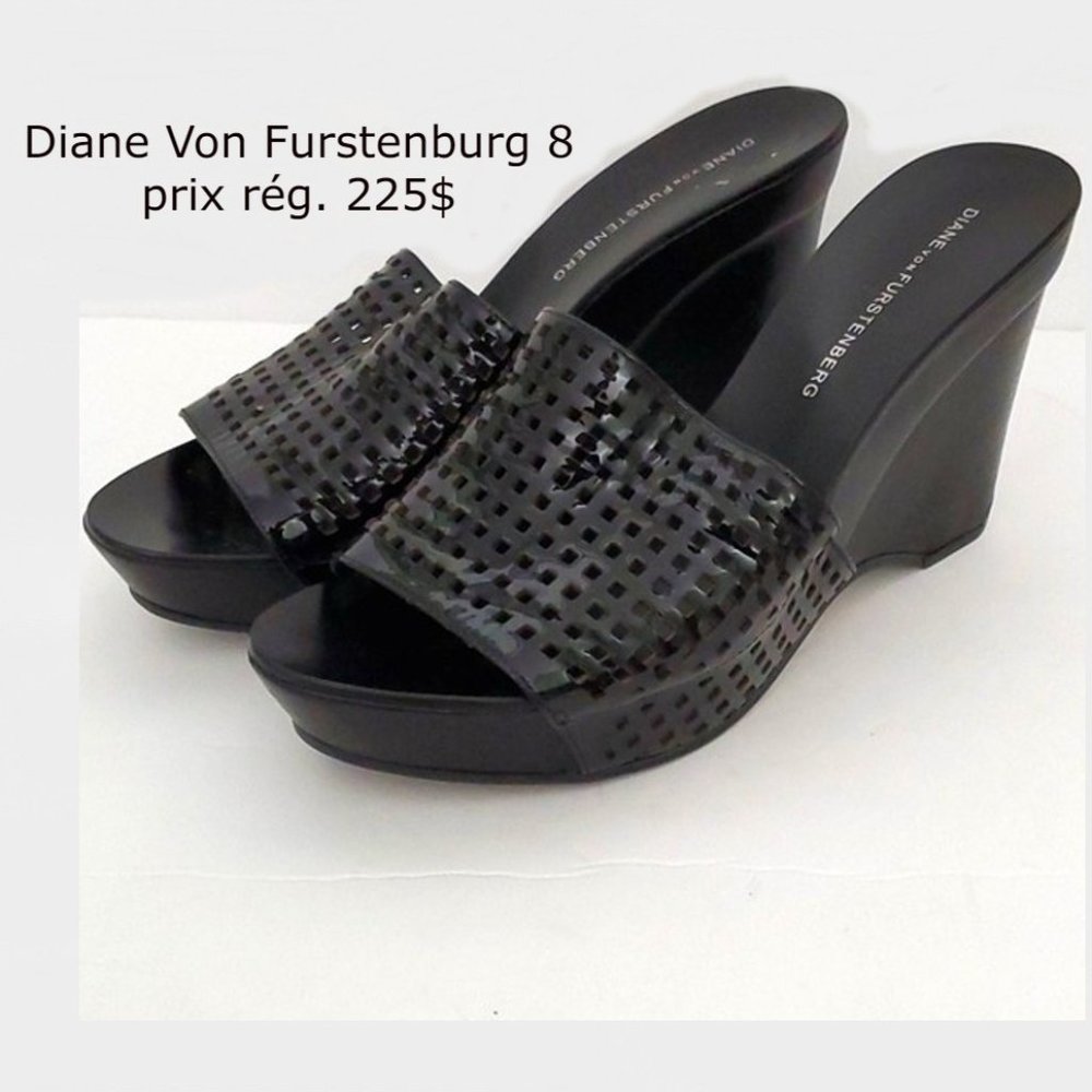 Luxury Diane Von Furstenburg LVD black wedge sandals Mules size 8